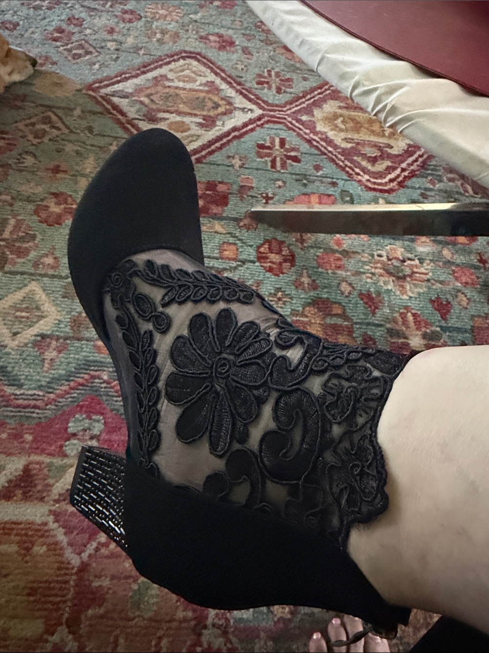 Women's Black Embroidered Lace Heeled Booties